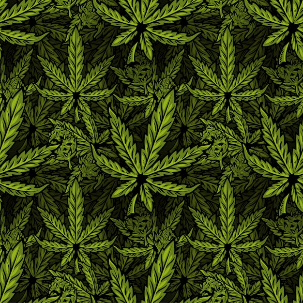 Vecteur modèle textile sans couture avec des feuilles de plantes bio bio naturelles de marijuana, de cannabis, de mauvaises herbes, de chanvre cbd oil, de bourgeon de cannabis médical thc. illustration de conception d'impression moderne pour affiche, autocollant, bannière, vêtements.