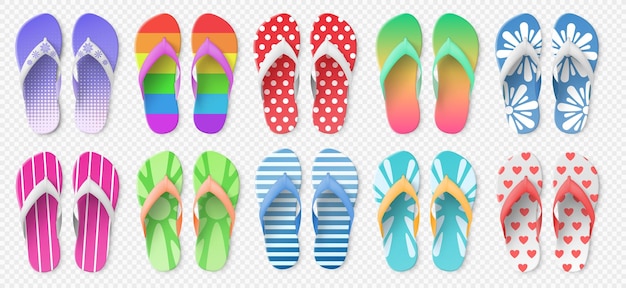 Vecteur modèle de tongs colorées réalistes chaussures en caoutchouc 3d paires de sandales lumineuses à motifs vue de dessus chaussures d'été de plage accessoires de pieds de salle de bains vêtements en plastique décontractés ensemble de pantoufles isolées vectorielles