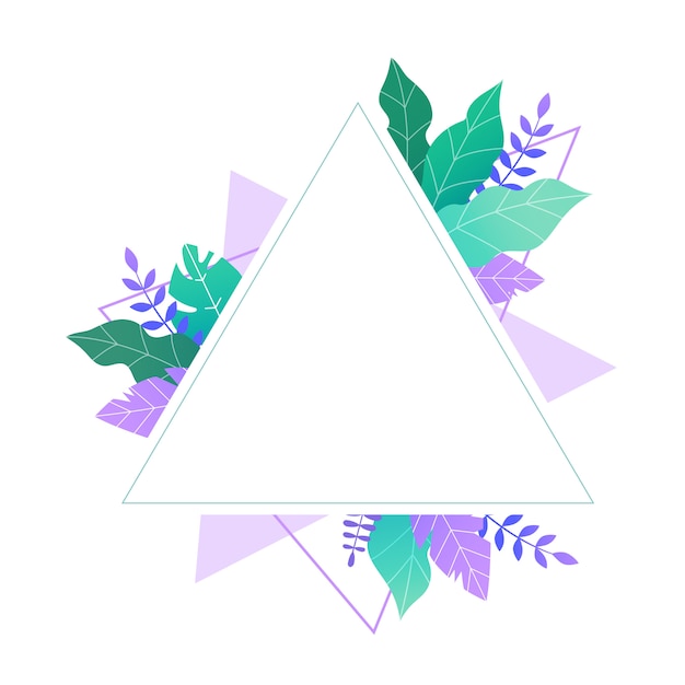 Vecteur modèle de triangle avec des feuilles vertes et violettes avec la place pour le texte.