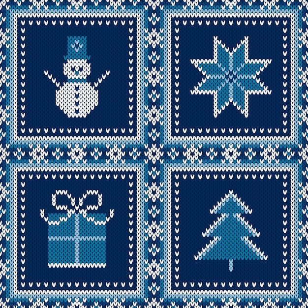 Modèle Tricoté De Vacances D'hiver Avec Une Boîte Cadeau Flocon De Neige Bonhomme De Neige Et Un Sapin De Noël