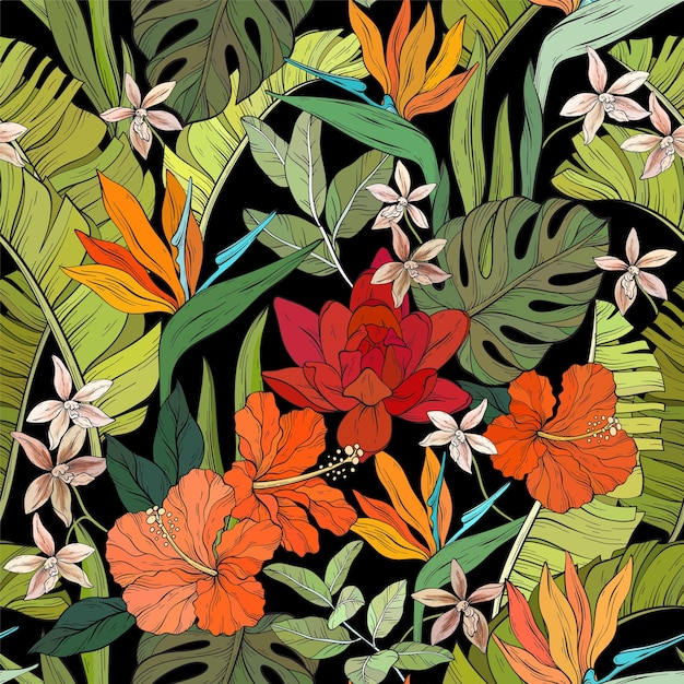 Modèle Tropical Sans Couture Avec Diverses Fleurs Hibiscus Oiseau De Paradis Fleurs Et Feuilles De Palmier Illustration Vectorielle