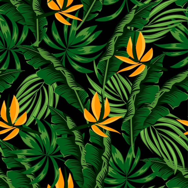 Modèle tropical sans couture d'été avec des feuilles et des plantes vertes et jaunes vives