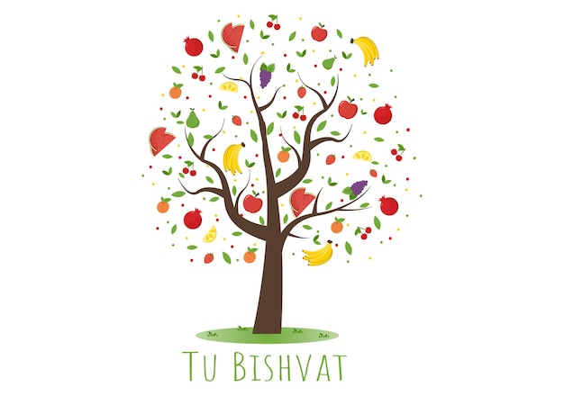 Modèle De Tu Bishvat Illustration Dessinée à La Main Arbre En Fleurs Avec Des Objets De Sept Espèces De Fruits