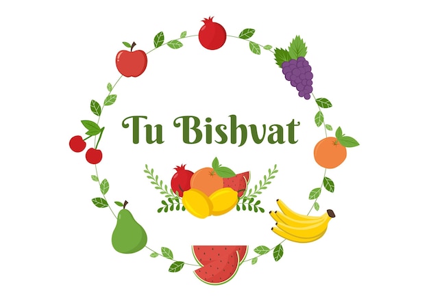 Modèle De Tu Bishvat Illustration Dessinée à La Main Arbre En Fleurs Avec Des Objets De Sept Espèces De Fruits