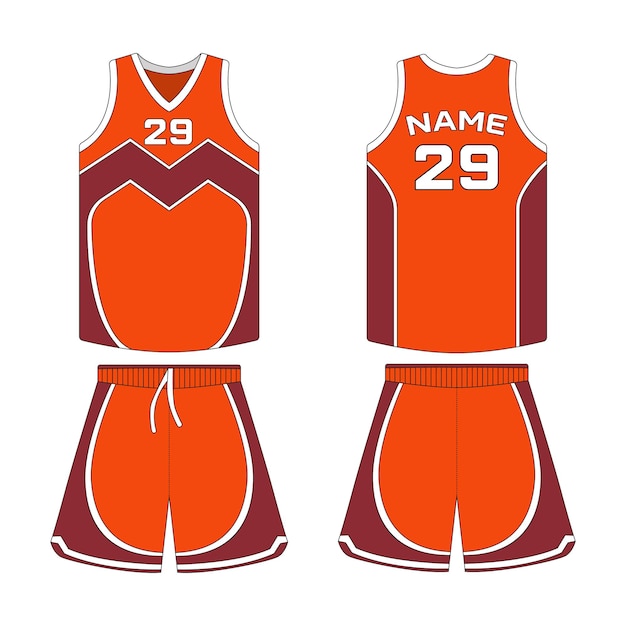 Vecteur modèle d'uniforme de basket-ball de couleur orange vue avant et arrière