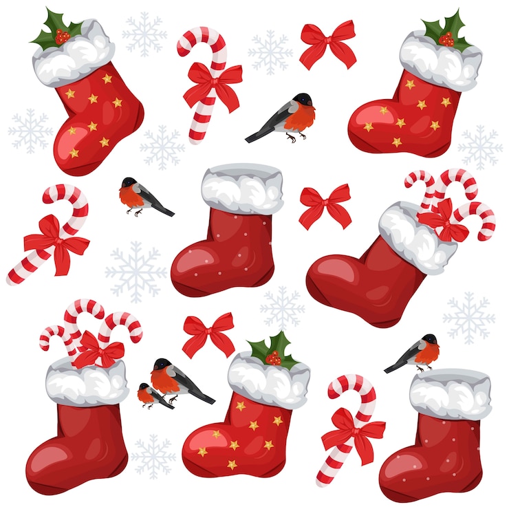 Vecteur modèle de vacances avec des chaussettes de noël et des bonbons