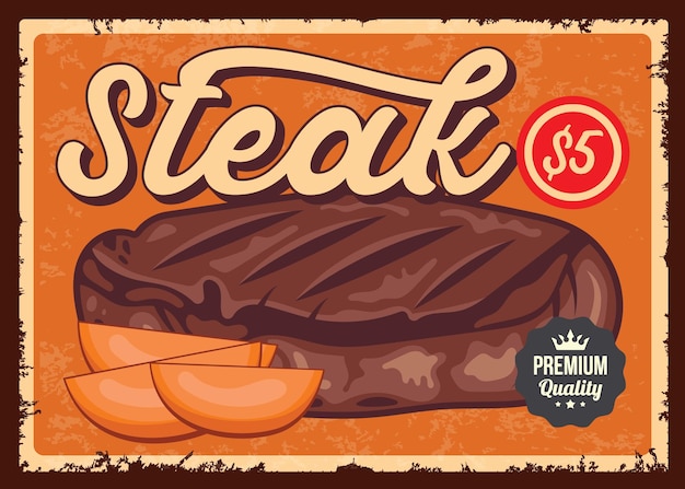Modèle de vecteur d'affiche rétro de steak de boeuf vintage sign post