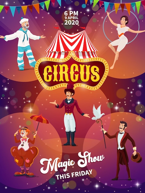 Vecteur modèle de vecteur d'affiche de spectacle de magie de cirque big top