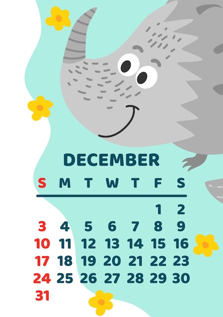 Modèle de vecteur de calendrier dinosaure mignon pour la série enfants décembre