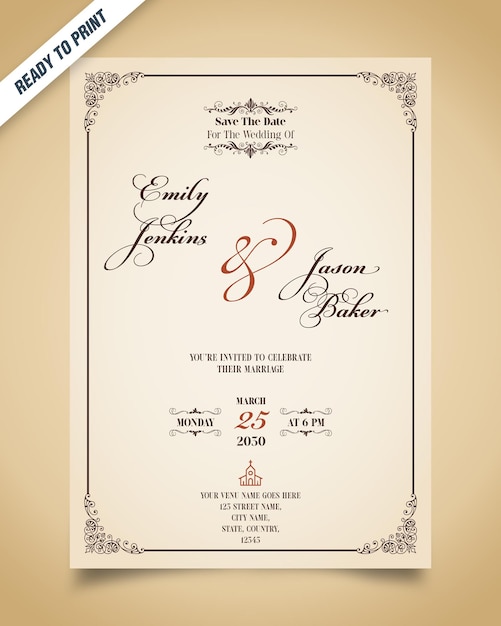 Modèle de vecteur de carte d'invitation de mariage bordée vintage au look épuré