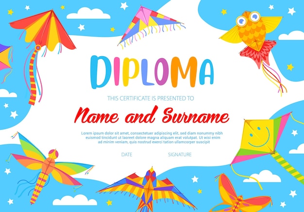 Modèle de vecteur de diplôme d'éducation scolaire avec cerf-volant