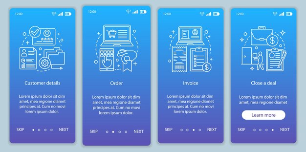Modèle de vecteur d'écran de page d'application mobile d'embarquement d'achats sur Internet