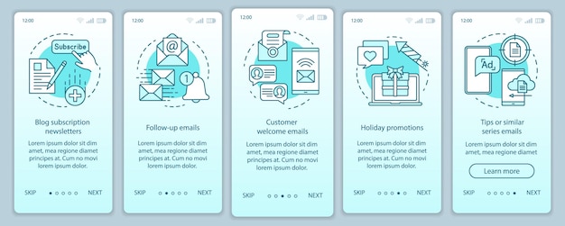 Modèle de vecteur d'écran de page d'application mobile d'embarquement turquoise de marketing par e-mail. Étapes du site Web de la stratégie d'entreprise avec des illustrations linéaires. UX, UI, concept d'interface de smartphone GUI