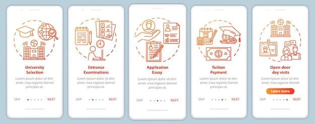 Modèle De Vecteur D'écran De Page D'application Mobile D'entrée à L'université Paiement Des Frais De Scolarité Examen D'essai étapes Du Site Web Pas à Pas Avec Illustrations Linéaires Concept D'interface Smartphone Ux Ui Gui