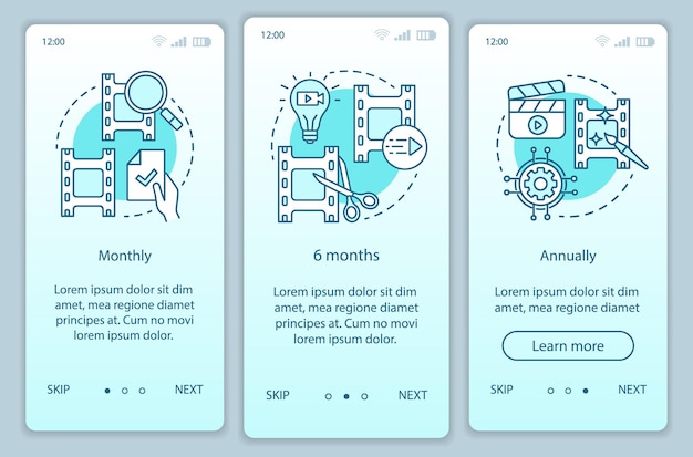 Modèle de vecteur d'écran de page d'application mobile d'intégration d'abonnement à l'éditeur vidéo. Tarifs mensuels ou annuels. Étapes du site Web avec des illustrations linéaires. UX, UI, concept d'interface de smartphone GUI