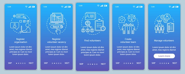Modèle de vecteur d'écran de page d'application mobile d'intégration de bénévolat