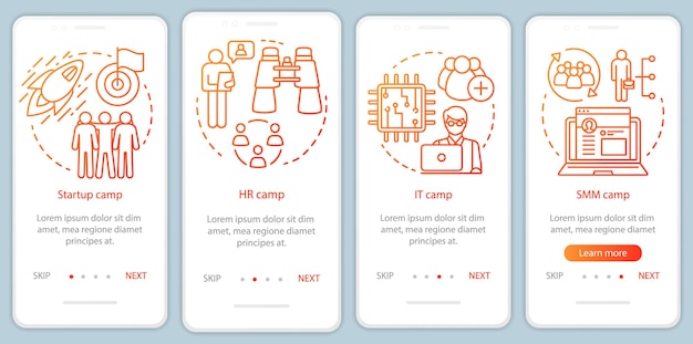 Modèle de vecteur d'écran de page d'application mobile d'intégration de camps d'entreprise de démarrage