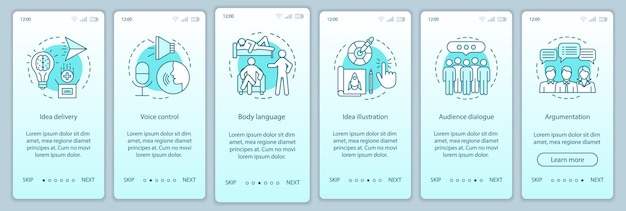 Modèle de vecteur d'écran de page d'application mobile d'intégration des compétences de prise de parole en public. Commande vocale, langage corporel, dialogue avec le public. Étapes du site Web pas à pas avec des icônes de ligne. UX, UI, interface graphique pour smartphone