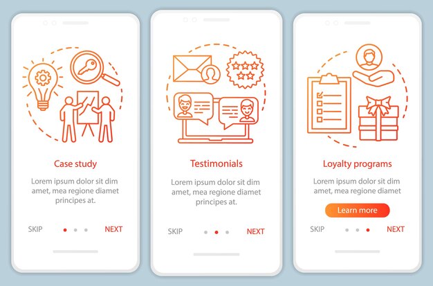 Modèle de vecteur d'écran de page d'application mobile d'intégration de contenu de prise de décision orange Étapes du site Web de visite guidée de l'attraction client avec illustrations linéaires Concept d'interface de smartphone UX UI GUI