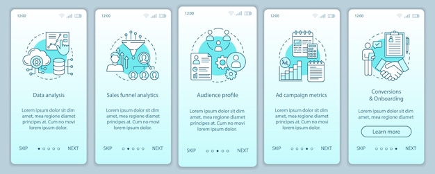 Modèle de vecteur d'écran de page d'application mobile d'intégration des cours SMM. Étapes du site Web de la procédure de marketing avec des illustrations linéaires. Options de ciblage des annonces. UX, UI, concept d'interface de smartphone GUI