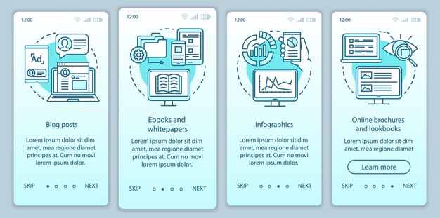 Modèle de vecteur d'écran de page d'application mobile d'intégration de dégradé turquoise de contenu de sensibilisation. Articles de blog décrivant les étapes du site Web avec des illustrations linéaires. UX, UI, concept d'interface de smartphone GUI