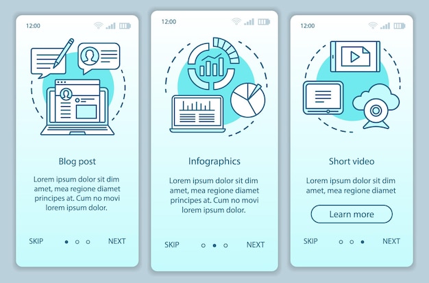 Modèle de vecteur d'écran de page d'application mobile d'intégration de dégradé turquoise de contenu de sensibilisation. Étapes du site Web de la visite guidée de l'infographie avec des illustrations linéaires. UX, UI, concept d'interface de smartphone GUI