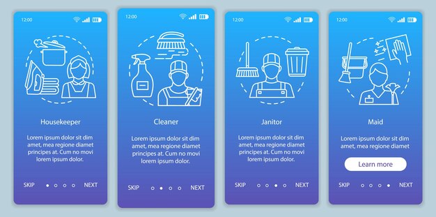 Modèle de vecteur d'écran de page d'application mobile d'intégration du personnel de l'agence de nettoyage