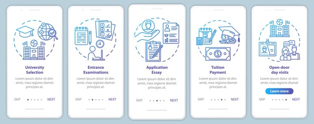 Modèle de vecteur d'écran de page d'application mobile d'intégration d'entrée à l'université