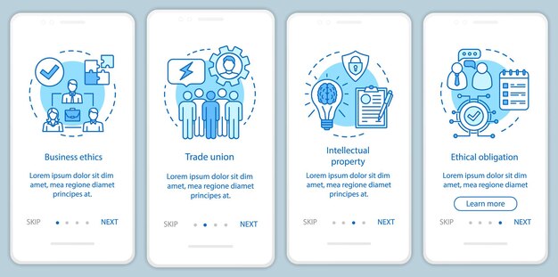 Modèle de vecteur d'écran de page d'application mobile d'intégration d'éthique commerciale. Syndicat, propriété intellectuelle. Étapes du site Web avec des illustrations linéaires. UX, UI, concept d'interface de smartphone GUI