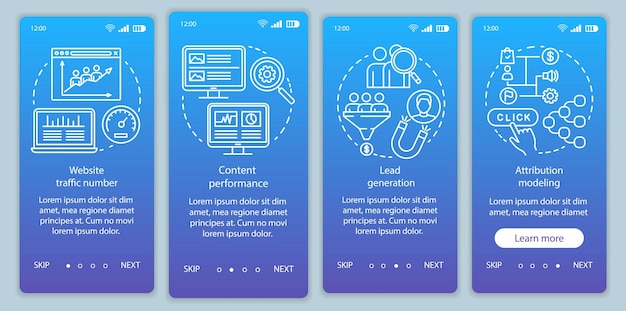Modèle de vecteur d'écran de page d'application mobile d'intégration de gradient bleu
