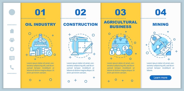 Modèle De Vecteur D'écran De Page D'application Mobile D'intégration Des Industries Entreprise De Fabrication étapes Du Site Web De La Visite Minière De L'industrie Pétrolière Avec Illustrations Linéaires Concept D'interface De Smartphone Ux Ui Gui