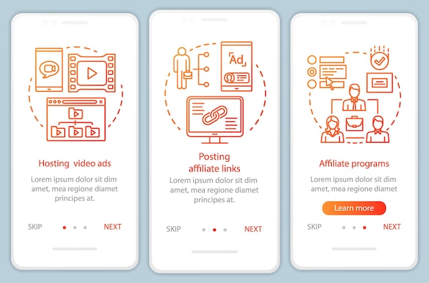 Modèle de vecteur d'écran de page d'application mobile d'intégration orange de marketing d'affiliation Étapes du site Web de la publicité d'affiliation avec illustrations linéaires Concept d'interface de smartphone UX UI GUI