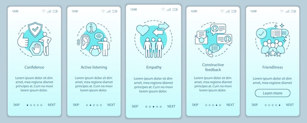 Modèle de vecteur d'écran de page d'application mobile d'intégration de qualités personnelles. Compétences en communication. Écoute, convivialité, confiance. étapes du site Web pas à pas. UX, UI, concept d'interface de smartphone GUI