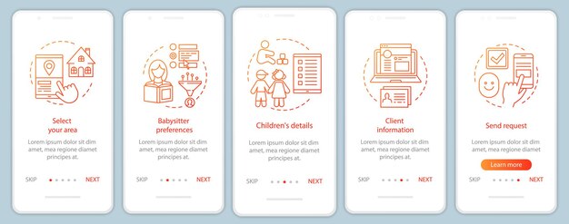 Modèle de vecteur d'écran de page d'application mobile d'intégration de réservation de baby-sitter. Réservation service de garde. Agence de nounou. Étapes du site Web avec des illustrations linéaires. UX, UI, interface graphique pour smartphone