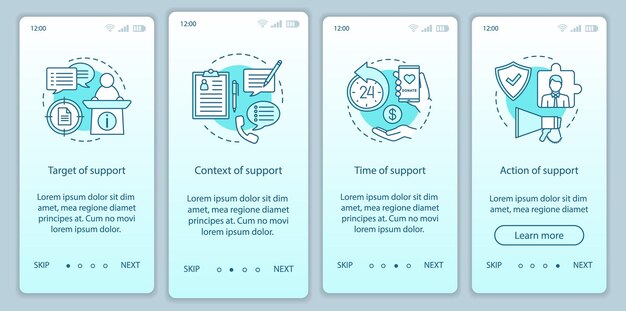 Modèle de vecteur d'écran de page d'application mobile d'intégration de responsabilité sociale d'entreprise. Étapes du site Web de la licence sociale. Cible, contexte, temps, action de soutien. UX, UI, interface graphique pour smartphone