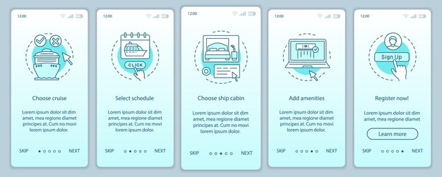 Modèle de vecteur d'écran de page d'application mobile de réservation de croisière en ligne à bord. Choisissez l'horaire, ajoutez des commodités. Étapes du site Web avec des illustrations linéaires. UX, UI, concept d'interface de smartphone GUI
