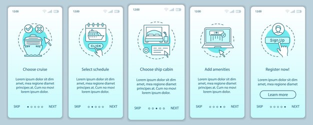 Modèle De Vecteur D'écran De Page D'application Mobile De Réservation De Croisière En Ligne à Bord. Choisissez L'horaire, Ajoutez Des Commodités. étapes Du Site Web Avec Des Illustrations Linéaires. Ux, Ui, Concept D'interface De Smartphone Gui