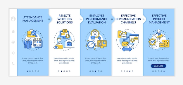 Modèle de vecteur d'intégration des avantages de la surveillance des employés. Site Web mobile réactif avec icônes. Page Web pas à pas en 5 étapes. Concept de couleur de suivi de travail avec illustrations linéaires