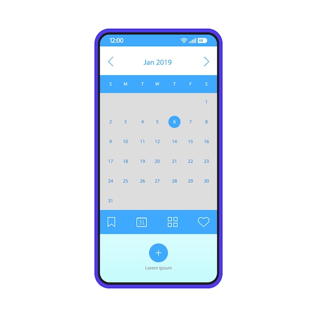 Modèle De Vecteur D'interface D'application De Smartphone De Rappel. Disposition De Conception Bleue De La Page D'application De Calendrier Mobile. Organisateur Numérique, écran De Planificateur De Rendez-vous. Interface Utilisateur Plate. Affichage Du Téléphone