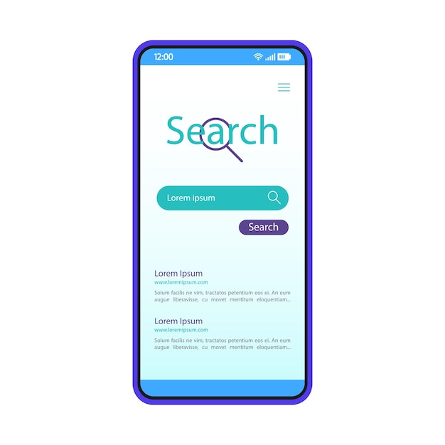 Modèle de vecteur d'interface de moteur de recherche de smartphone. Disposition de conception bleue de la page de l'application mobile. Écran du navigateur Web. Interface utilisateur plate pour l'application. WWW. Écran du téléphone avec barre de recherche