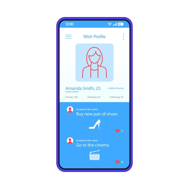 Modèle de vecteur d'interface de smartphone d'application de liste de souhaits. Profil féminin avec écran de désirs. Disposition de conception bleue de la page d'application de souhait mobile. Interface utilisateur plate. Liste d'achats et de plans en ligne sur l'écran du téléphone