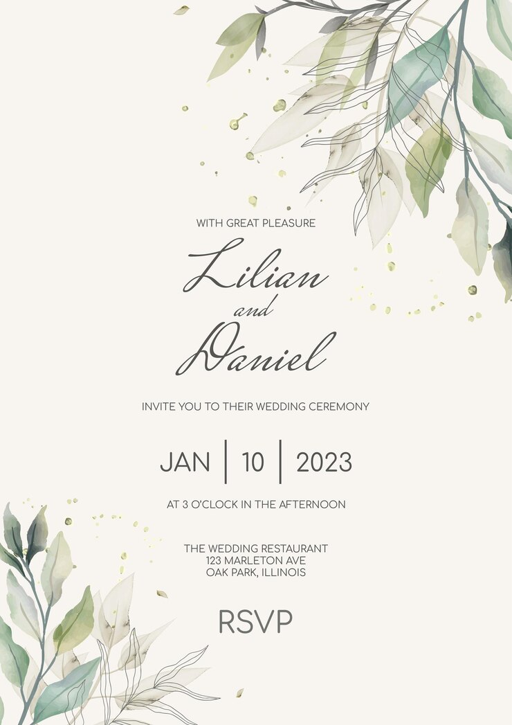 Vecteur modèle de vecteur d'invitation de mariage de feuille verte rustique