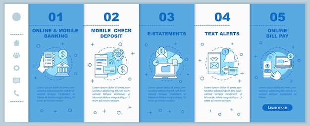 Modèle de vecteur de pages Web mobiles d'intégration de service bancaire Paiement en ligne Interface de site Web de smartphone réactif avec icônes linéaires Gestion financière Concept d'écrans d'étape pas à pas de page Web