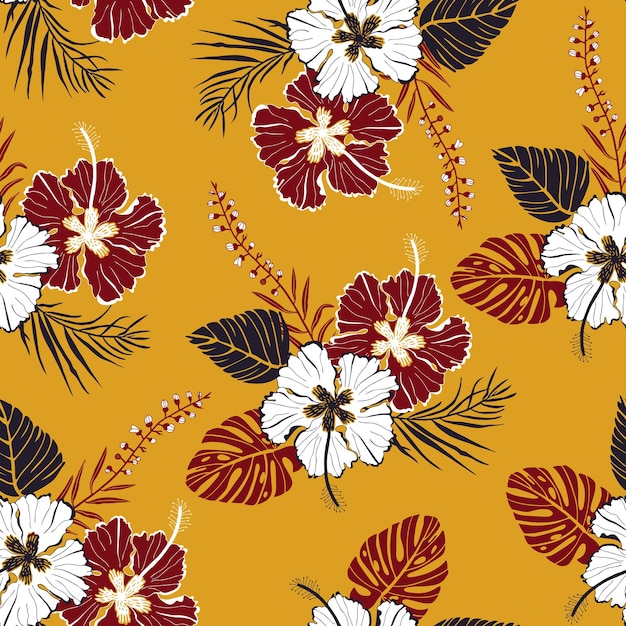 Modèle Vectoriel Continu Avec De Grandes Fleurs Blanches Et Rouges Avec Des Feuilles Tropicales Dans Un Style Hawaïen