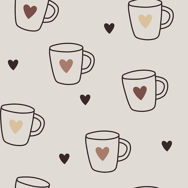 Modèle Vectoriel Continu Mignon Avec Des Tasses De Café Ou De Thé Avec Des Coeurs