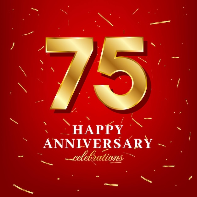 modèle vectoriel du 75e anniversaire avec un nombre d'or et des confettis dorés répartis sur un fond rouge