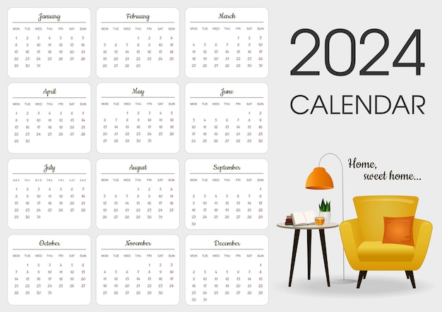 Modèle vectoriel du calendrier 2024 avec un fauteuil, une table à café, une lampe de sol et des livres