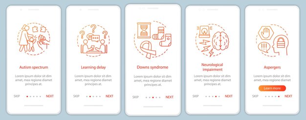 Modèle vectoriel d'écran de page d'application mobile d'intégration d'aide à domicile pédiatrique. Garde d'enfants en soins infirmiers. Étapes du site Web de la procédure pas à pas pour les troubles chez les enfants. Centre médical de garde d'enfants. UX, UI, interface graphique pour smartphone