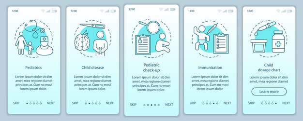 Modèle vectoriel d'écran de page d'application mobile d'intégration pédiatrique. Maladie de l'enfant, bilan de santé, vaccination,. Étapes du site Web avec des illustrations linéaires. UX, UI, concept d'interface de smartphone GUI