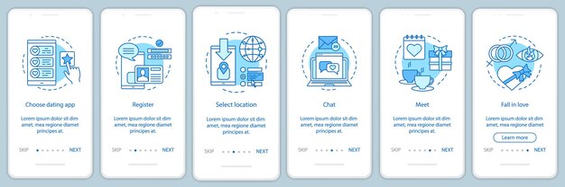 Modèle vectoriel d'écran de page d'application mobile d'intégration de rencontres en ligne. Choisissez, inscrivez-vous, discutez, rencontrez, tombez amoureux des instructions du site Web avec des illustrations linéaires. Concept d'interface de smartphone UX, UI, GUI